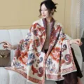 Chinese style autumn winter thick cashmere feel shawl wrap warm stylish tassel scarf for women - 39_ Dark Champagne Auspicious Lotus - Red