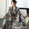 Chinese style autumn winter faux cashmere shawl scarf vintage floral thick warm cloak wrap - 40_Medium Light Blue Auspicious Lotus Light Blue