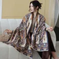 Thickened Cashmere Imitation Scarf Retro Paisley Shawl Blue Brown Winter Variant Model - 42_Maroon Persian Style Blue