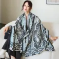 Blue paisley cashmere-feel winter shawl cape, elegant thick warm fringe wrap for women. - 43_Peacock Blue Persian Style Blue