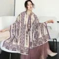 Women Autumn Winter Retro Paisley Cashmere Feel Shawl Cape Warm Thick Wrap Scarf - 45_Violet Persian Style Purple