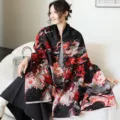 Cozy winter imitation cashmere shawl scarf with elegant red rose floral pattern design. - 48_Graffiti Black Quicksand Rose Black