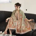 Chic autumn winter paisley cashmere feel shawl scarf, elegant vintage green cape for women. - 54_Khaki Fluorescent Green Flourishing Paisley - Green