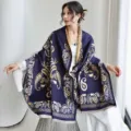 Thickened imitation cashmere shawl, dark blue paisley print, stylish winter warm cloak. - 61 Bright Navy Paisley