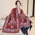 Burgundy paisley cashmere-feel shawl, elegant winter warm thick wearable wrap cape. - 63 Wine Red Paisley