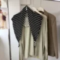 Black and white polka dot knit triangle scarf, linen blend double-sided jacquard detail. - Black Polka Dot