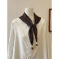 Retro floral cotton linen triangular scarf with straps and beads, variant style for spring. - Brown Floral