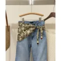 Retro floral scarf tied denim jeans women spring summer casual fashion street wear chic pants - Light Blue