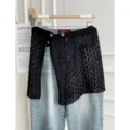 Koreaanse mode vrouwen hol gebreid gelaagd nep tweedelige denim halve rok - Bottoms / Zwart