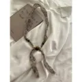 Retro literary linen ribbon scarf necklace with wooden beads, chic old money style jewelry. - Beige Floral
