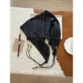 Cotton triangular scarf retro black and white striped headscarf with strings and beads. - 7# Dense & Sparse Stripes Black
