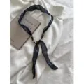 Vintage literary fabric wooden bead scarf necklace, elegant linen ribbon for summer spring. - Blue Dots