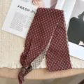 Vintage knitted winter small scarf with geometric jacquard pattern and chic bead tassels. - 11 Jujube Red Small Checkered