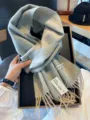 Light blue wool scarf with yellow stripes, 100% wool soft winter warm neck wrap fringe. - Mint Dashed