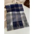 Classic plaid wool scarf with fringe detail, cozy winter neck warmer for men and women. - Navy Gray Plaid
