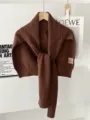 Stylish women's knitted sleeve scarf shawl, autumn winter warm woolen neck wrap, cozy bolero. - Coffee
