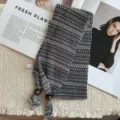 Japanese retro autumn winter knitted small scarf geometric jacquard beaded neck warmer decor - 18_Grey Fair Isle