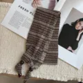 Vintage brown jacquard knitted scarf with beaded ends for women stylish autumn winter neckwear. - 19_Fair Isle Coffee Brown