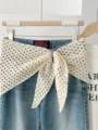 Knitted hollow shawl tied on denim pants, stylish Korean style versatile womens fashion apparel. - Off White