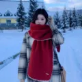 Red cashmere-feel winter scarf with white lock edge design, cozy knitted neck warmer for women. - Red