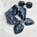 Korean style dark blue paisley square scarf, cotton linen feel 70x70cm versatile hair scarf. - Paisley Floral / Navy Blue