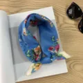 Vintage floral print blue cotton small square scarf, elegant bandana neck tie detail. - Picture #8