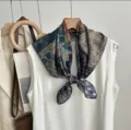 Retro printed cotton silk square scarf detail view, elegant neck wrap accessory for daily wear. - SKU-11