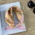 Pastoral retro floral square scarf neckerchief, soft lightweight fabric detail showing stylish knot design. - Picture #16
