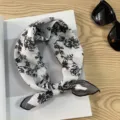 Chic black and white floral cotton bandana neck scarf, vintage square scarf for women summer style. - Picture #20