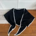 Stylish black and white contrast knitted triangular scarf shawl, cozy winter neck warmer. - Black