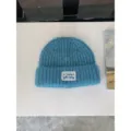 Blue fuzzy knit beanie hat winter warm soft plush skull cap thick cute casual wool cap - Blue