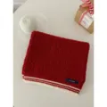 Korean style red knitted winter scarf with white stripes detail closeup tabletop view. - 1# Cable Knit with Thin White Stripes