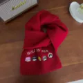 Rode wolmix gebreide sjaal met schattige cartoon borduurwerk, dik en warm wintermode accessoire. - Angora Rood