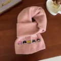 Roze gebreide wintersjaal met schattige cartoonborduurwerk, dik, warm en comfortabel. - Koreaans Roze