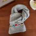 Grey knit wool scarf featuring cute cartoon embroidery and text details for winter warmth. - 7# Heather Gray