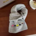 Cozy grey knit winter scarf featuring cute cartoon embroidery and soft woolen fabric blend. - 9# Light Grey