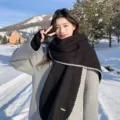 Winter black knitted scarf with white edge, cozy cashmere-like warm neck wrap for women. - Black