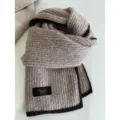 Knit wool blend scarf with contrast dark brown border, soft winter warm women neck wrap. - Mocha