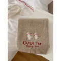 Cozy knit scarf featuring cute ski bear embroidery and red letter text, warm winter accessory. - Khaki