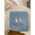 Light blue knitted winter scarf with cute ski bear embroidery, cozy warm woolen neck warmer. - Sky Blue