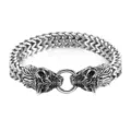 Men stainless steel double wolf head Viking chain bracelet detail view punk metal jewelry - New Wolf Head Bracelet (Steel Color, Polished, 19cm)