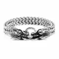 Stainless steel men's Viking wolf head chain bracelet, detailed view of retro metal design. - Dragon Head Steel Color High Polished 19cm