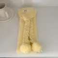 Yellow knit scarf for women, cute winter fuzzy pom pom braided design warm neck wrap. - 07_Yellow