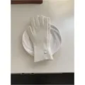 White ribbed knit gloves for women, cozy winter thermal warm gloves with metal charm detail. - White Mitten