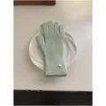 Sage green knit gloves for women, warm ribbed winter gloves with metal tag decor variant. - Green Glove