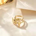 Anillo doble de acero de titanio dorado, diseño geométrico de estrella ajustable. - Estrella Doble de Cuatro Puntas / Dorado