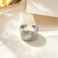 Wide open silver stainless steel ring with elegant striped texture for women and men chic. - Silver Horizontal Stripes