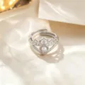 Anillo de corona de acero inoxidable plateado elegante, ajustable con perla para mujer. - Anillo de Perla de Corona / Plateado