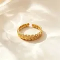 Gold open ring, adjustable titanium steel braided fashion jewelry for women daily wear. - Textured Style / Gold