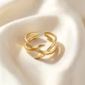Gold open ring with double cross polished finish, minimalist adjustable fashion jewelry item. - Cross Lines Style / Gold